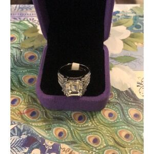 Gorgeous 9.42 Emerald Cut Four Row Wide Sim Diamond Cocktail Ring Sz 9